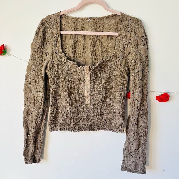 Free People Confection Brown Taupe Long Sleeve Blouse Top L - Picture 2 of 7